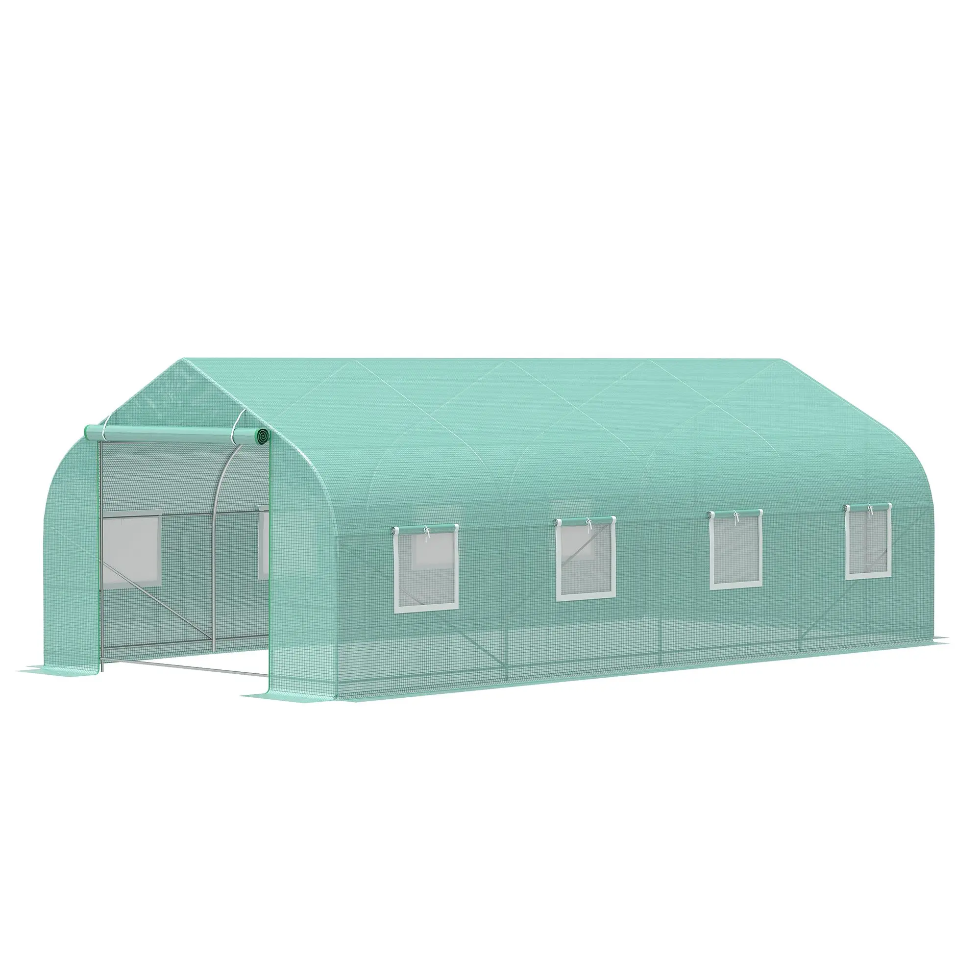 20' x 10' x 7' Outdoor Walk-in Greenhouse, Heavy-Duty Steel Frame Tunnel Greenhouse with Roll-up Windows, Zippered Door and PE Cover, Green