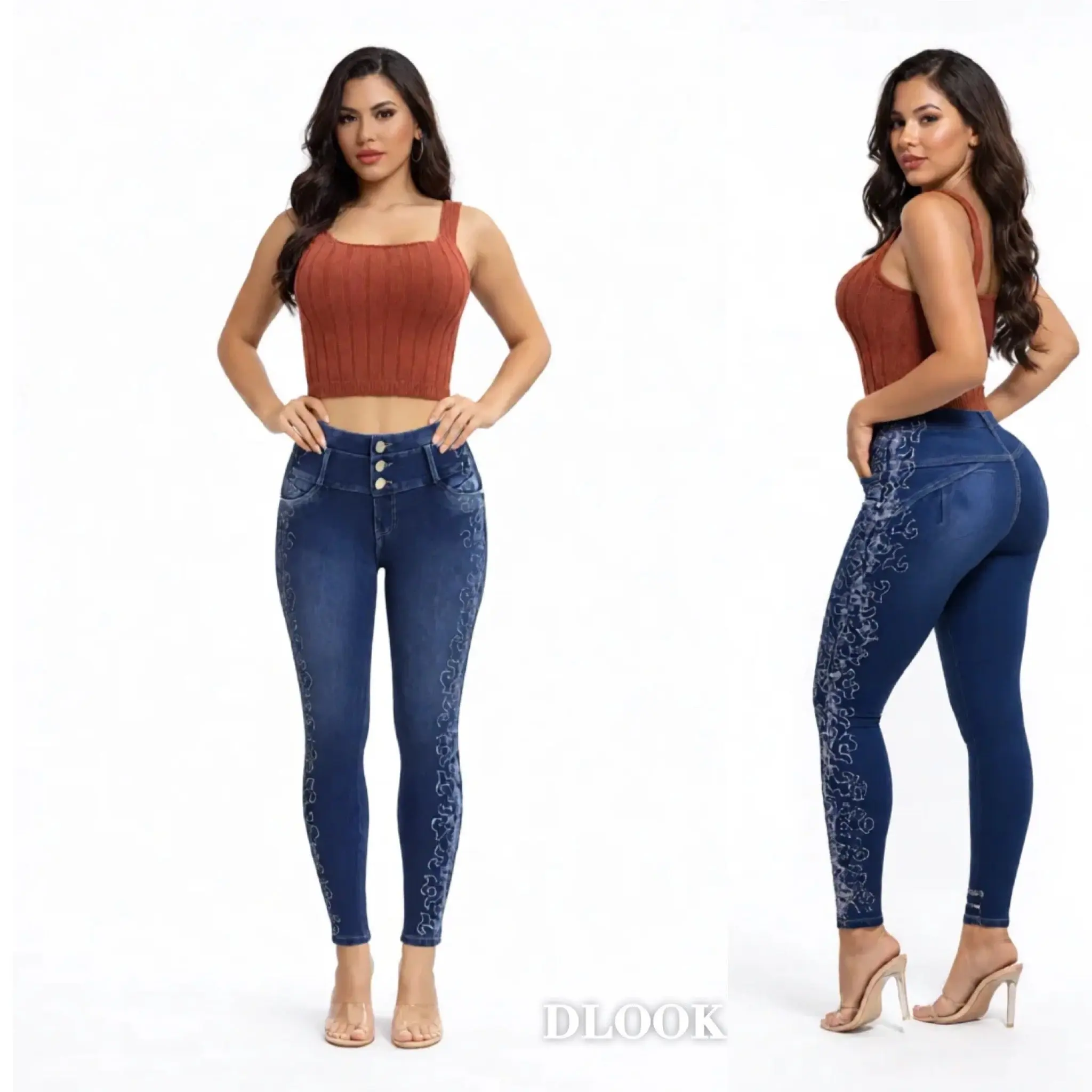 Butiklatina Jeans for Lady - Colombian High Waist Butt Lifting Bottoms, Stretch Fabric with Tummy Control and Lace Sides, Butt Lifting Jeans, Push-Up, Built-In Shapewear Jeans, Stretch Fit, Body Hugging Jeans