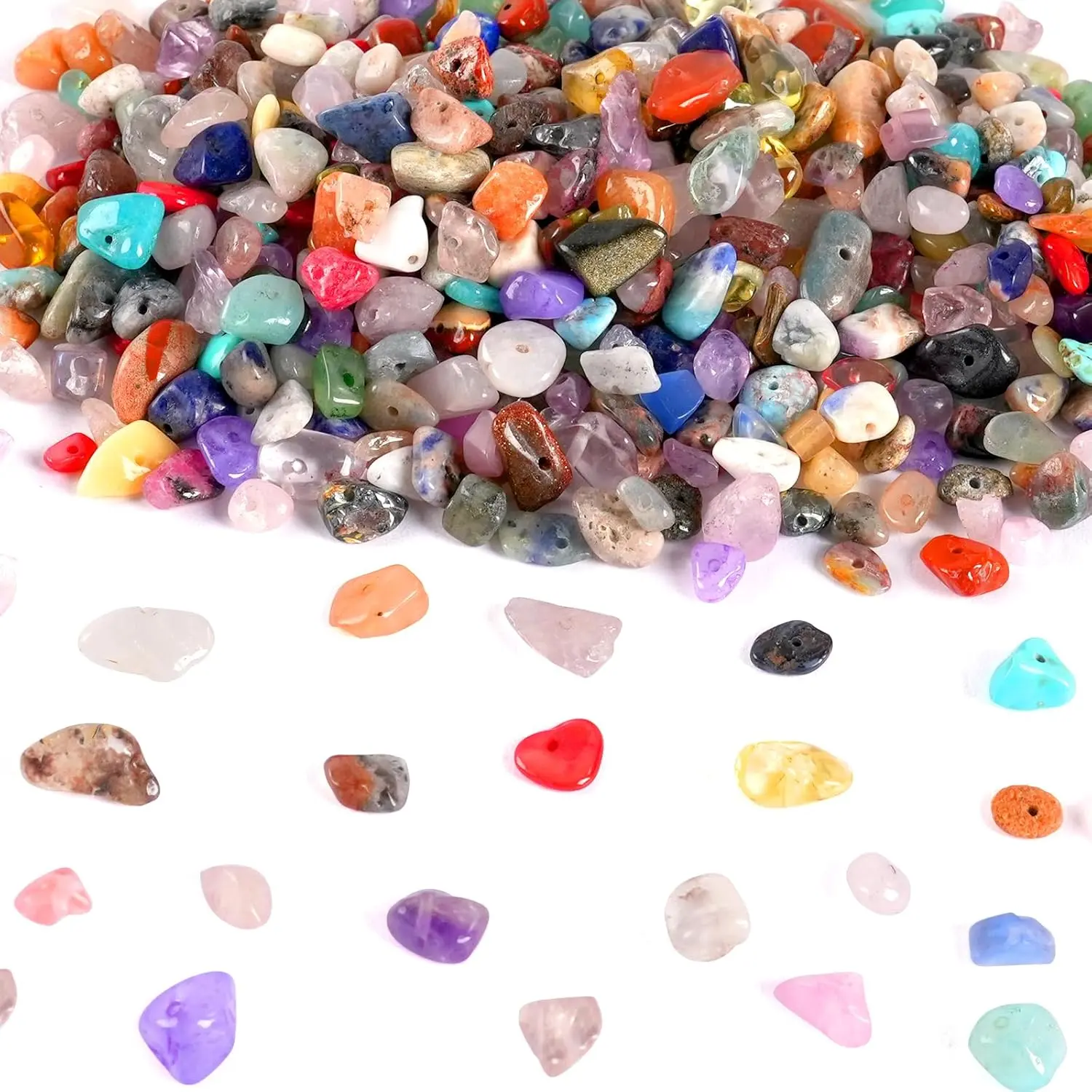 Natural Hole-Drilled Chip Stone Beads - 500pcs, 5-8mm Multicolor Irregular Healing Crystal Loose Rocks for DIY Bracelet, Necklace Crafts