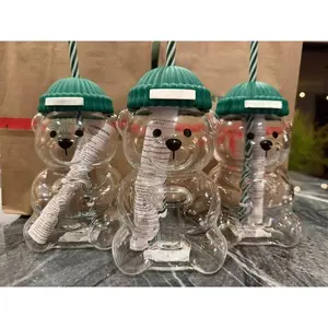 Holiday Collection Viral Bearista Cold Cup, Cute Teddy Bear Glass CUp With Green Beanie-Style Lid & Stripped Straw, Nostalgia Coffee Mugs, Beer Wine Cocktail Drinks Glassware, New Model Bear Glass Cups