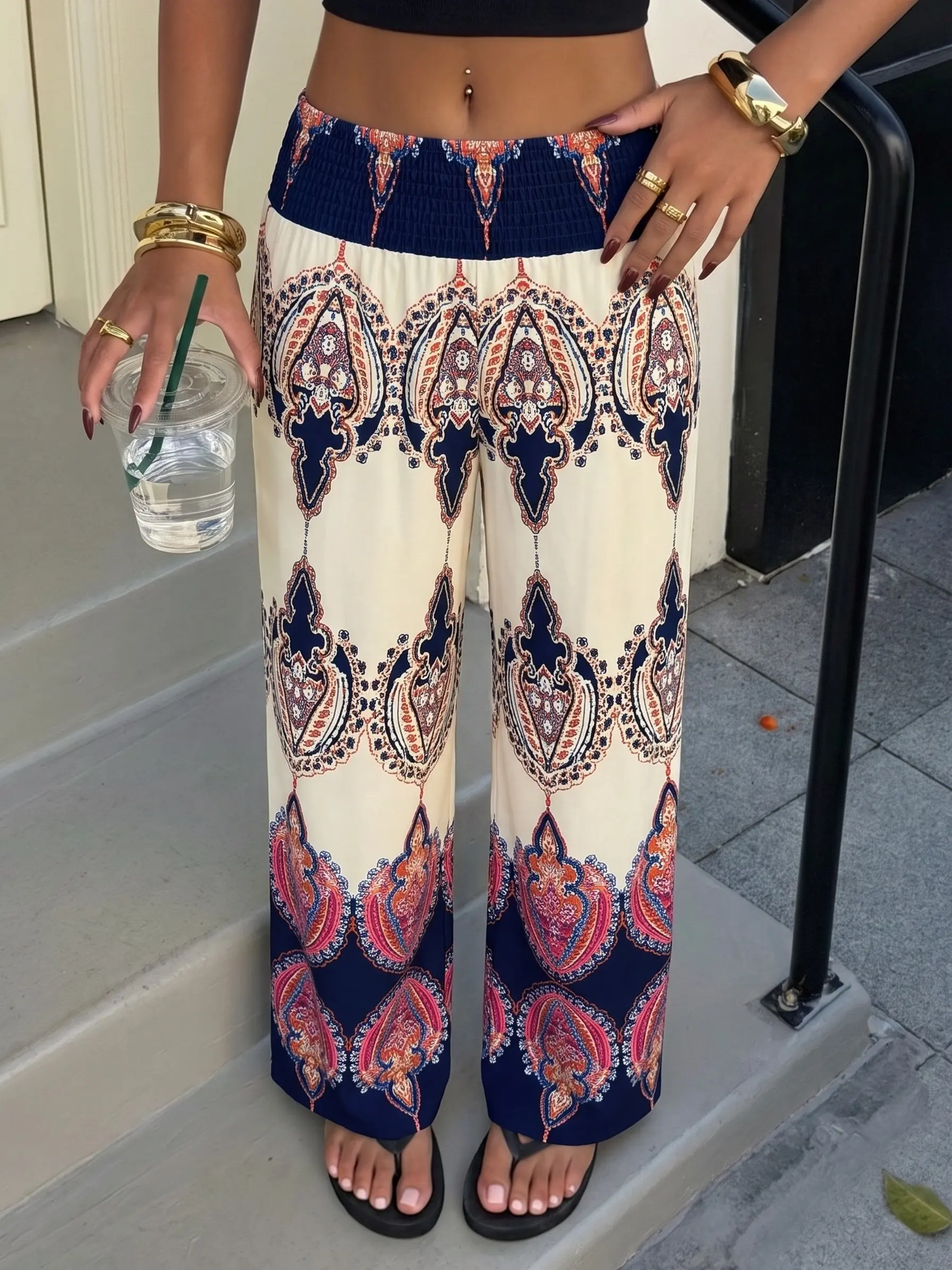 Women's Boho Paisley Print Wide Leg Palazzo Pants, Elastic High Smocked Waist Loose Flowy Trousers, Casual Vacation Beach Lounge Pants