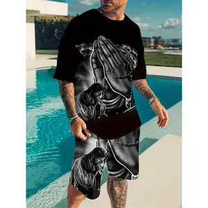 Men'S Casual Boutique Short Sleeve Suit - Cool, Breathable, Quick-Dry Polyester Blend with Praying Hands Graphic Shorts for Summer
