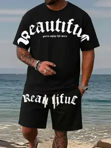 Men's letter print matching summer casual sports set, Gothic font print, round neck T-shirt and shorts men's clothing round neck short sleeved version suitable for daily leisure, running, and gift giving SpringStatements Tropical Shortsleeve