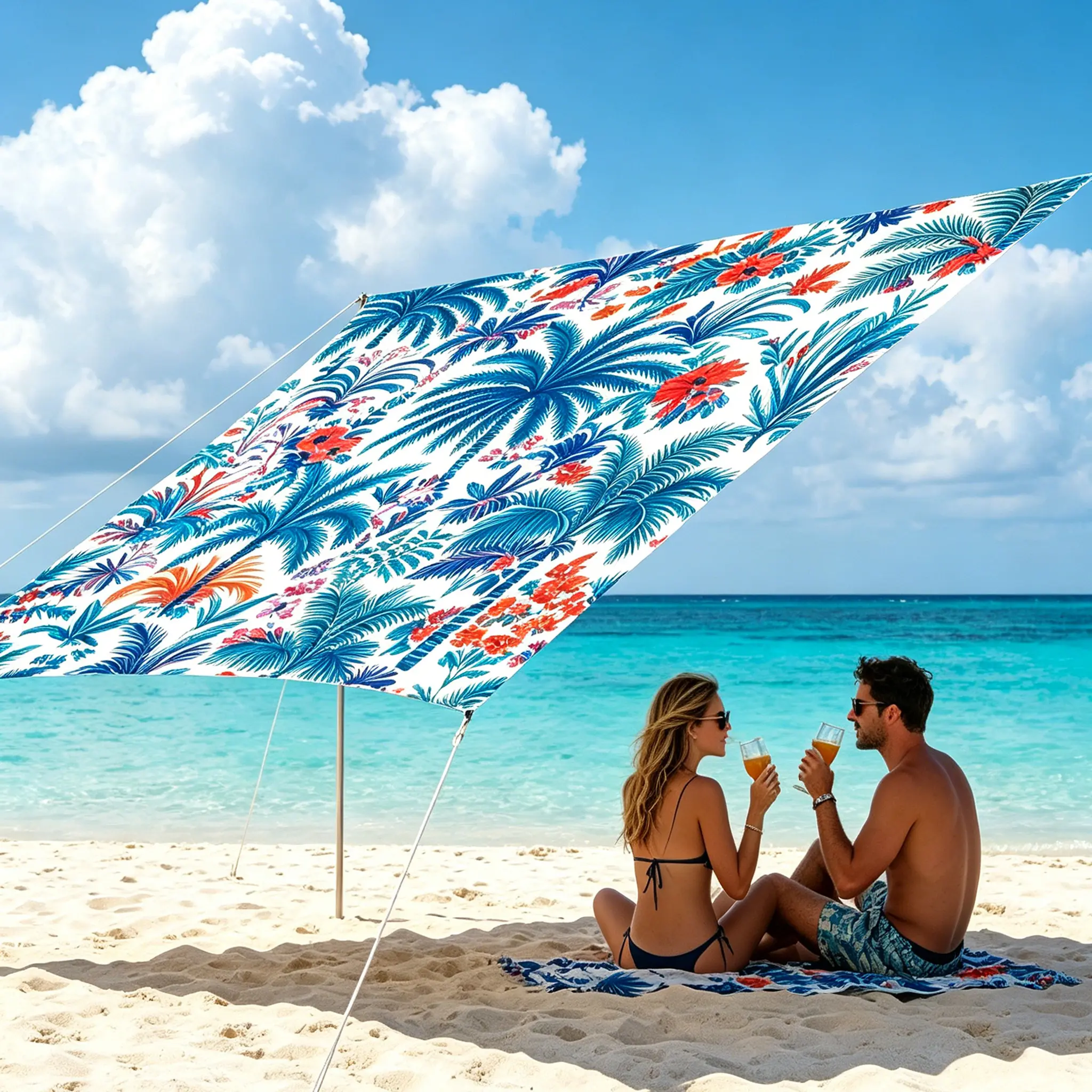 Bohemian Beach Palm Outdoor Sunshade Tent UV Protection Portable Lightweight Heavy Duty Polyester Canopy for Balcony Patio Beach Camping Garden Picnic