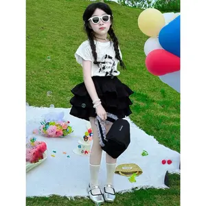 New Summer Fashionable Two-Piece Set for Big & Tall Girls - Casual Preppy Outfit Featuring a Short-Sleeve Tee And a Tiered Cake Skirt, Stylish And Elegant Look for Tween Girls