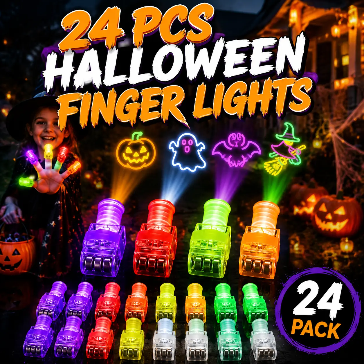 24PCS Halloween Finger Lights, LED Light Up Finger Toys with Projection, Glow in the Dark Party Favors for Kids, Halloween Trick or Treat Gifts, Party Supplies, Stocking Stuffers