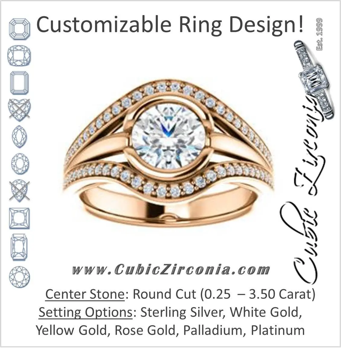 Cubic Zirconia Engagement Ring- The Magdalena Oha (Customizable Bezel-set Round Cut Style with Wide Tri-split Pavé Band)