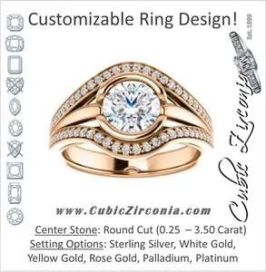 Cubic Zirconia Engagement Ring- The Magdalena Oha (Customizable Bezel-set Round Cut Style with Wide Tri-split Pavé Band)