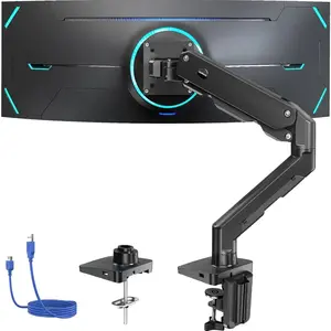 Heavy Duty Adjustable Aluminum Monitor Arm - Snap-in, C-Clamp Base, Extended Arm, Supports 49-in Screens Up to 35 lbs