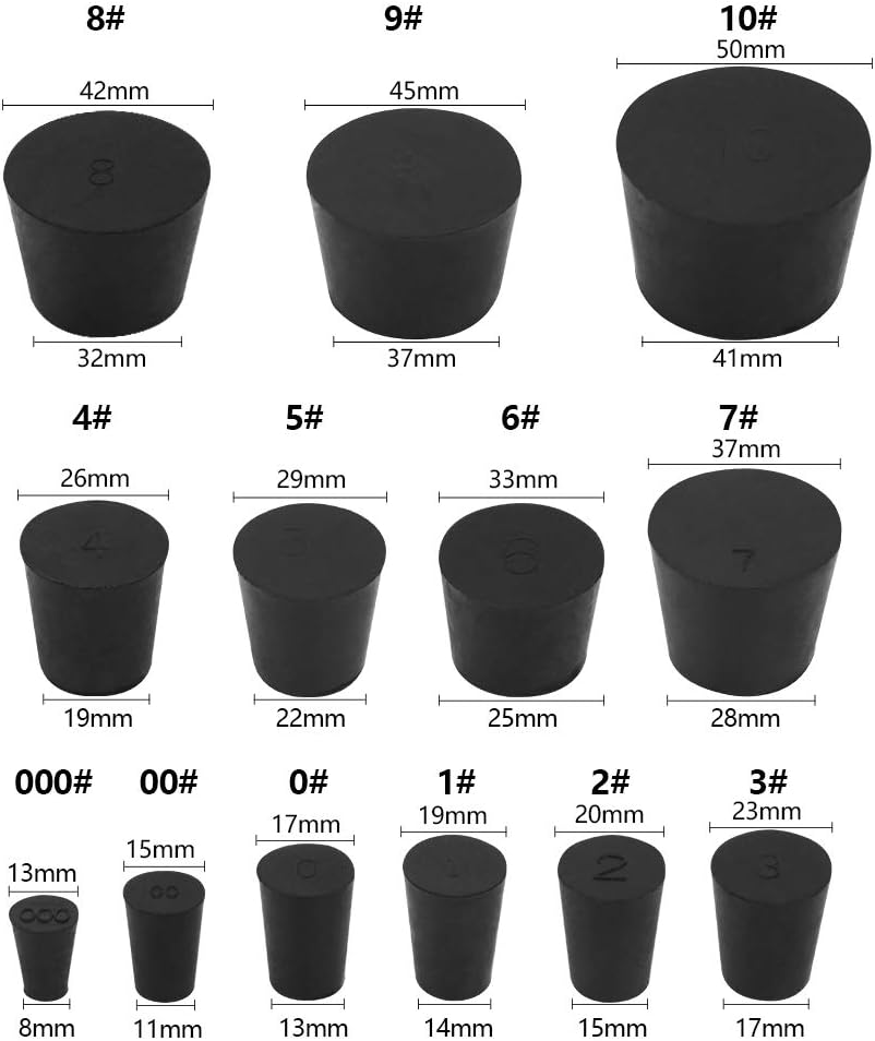 Assorted Solid Rubber Stoppers 34 Pack Solid Rubber Stoppers, 13 Assorted Sizes, 000# - 10# Black Tapered Lab Bungs