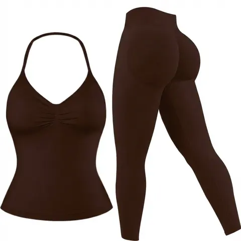 Women's Sportswear Set, Halter Sports Bra Top + Butt Lifting Tight Pants, Detachable Padded Bras, Gym Outdoor Running Yoga Clothes, Fitness Apparel