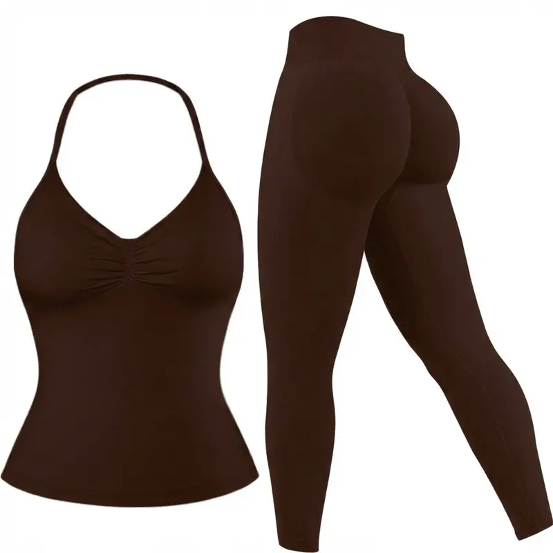 Women's Sportswear Set, Halter Sports Bra Top + Butt Lifting Tight Pants, Detachable Padded Bras, Gym Outdoor Running Yoga Clothes, Fitness Apparel