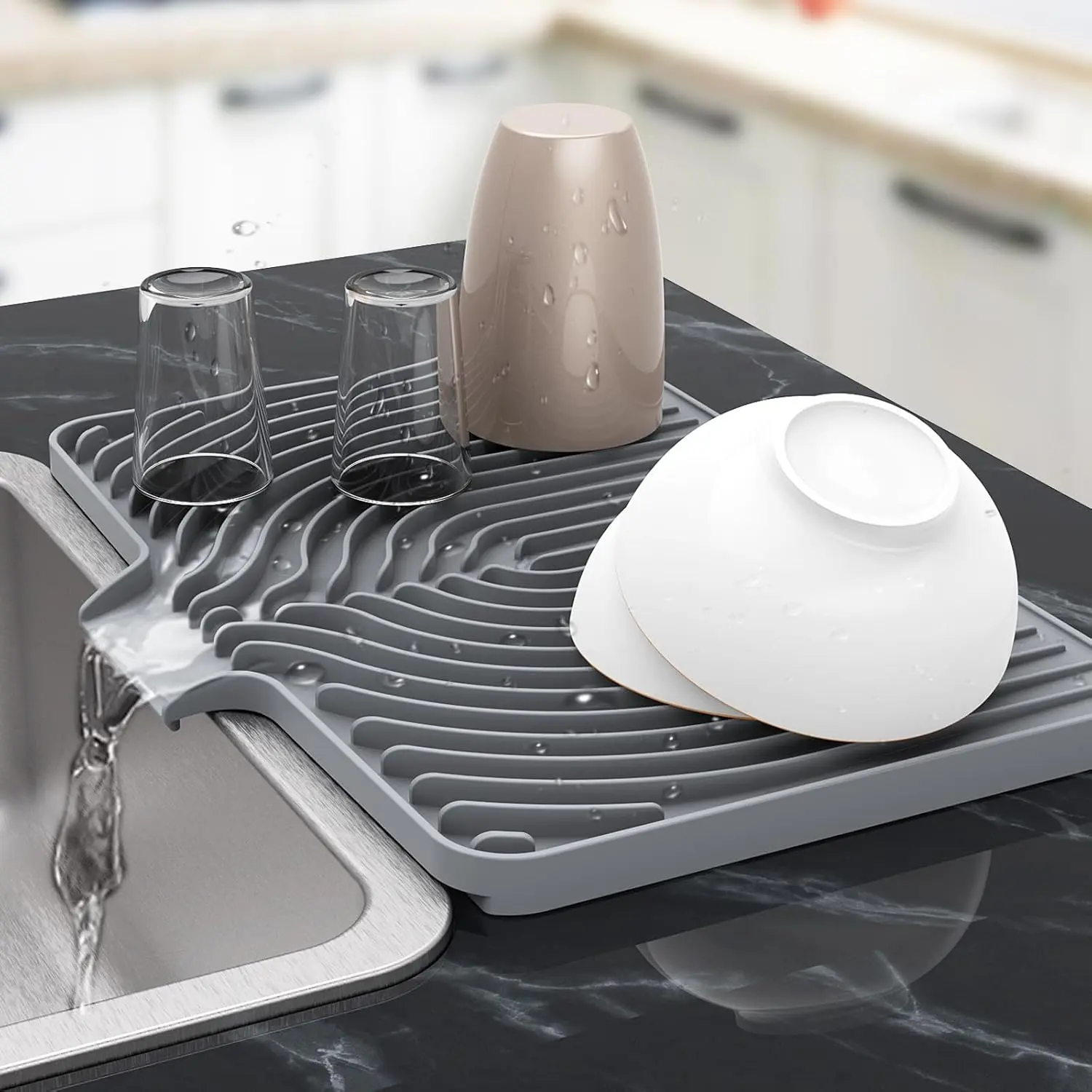 Silicone Dish Drying Mat for Kitchen Counter , Dish Drying Rack Matt with Built in Drain, 18 Inch dish Dry Mats for Kitchen Counter,Bumps up sink Applicable