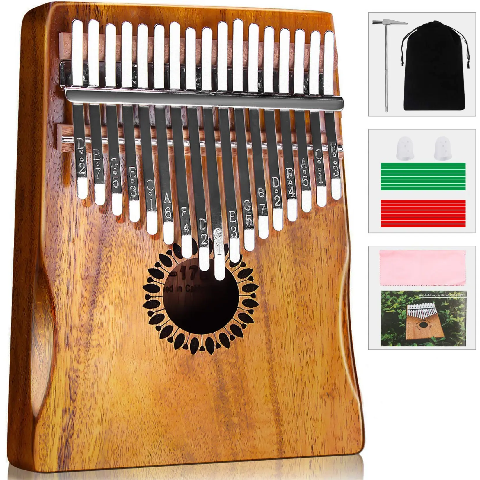 17-Key Wood Kalimba Thumb Piano for Beginners & Adults, Portable Mbira Musical Instrument with Embossed Letters-Notes, Stickers, Cleaning Fabric, Ideal Birthday & Christmas Gift, 17 Keys Kalimba Thumb Piano