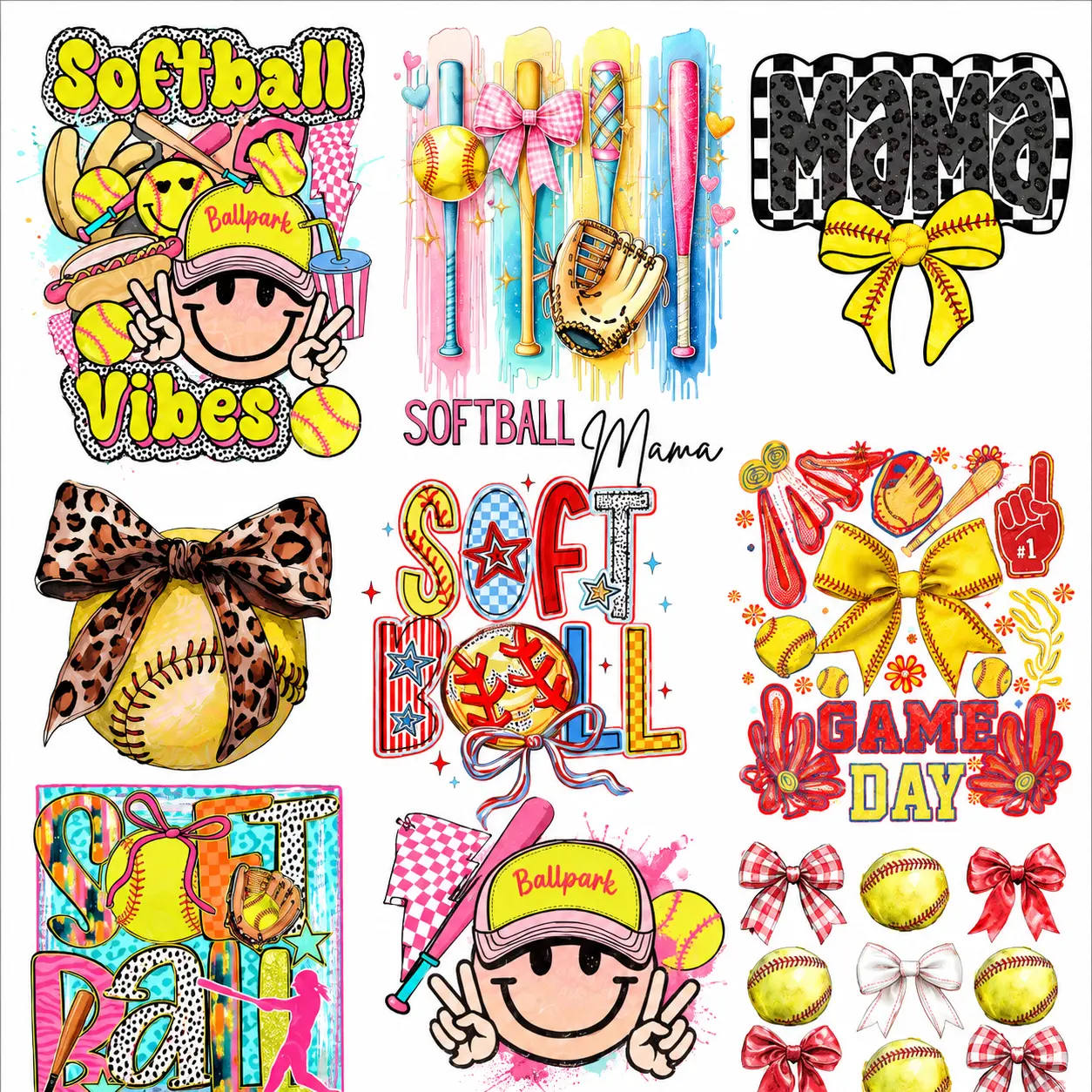 Softball DTF Gang Sheet | Ready to Press Softball Transfers | Softball Mama, Game Day, Bows, Leopard Print, Ballpark Vibes | Premium Heat Transfer Sheet for Shirts, Hoodies & Tote Bags