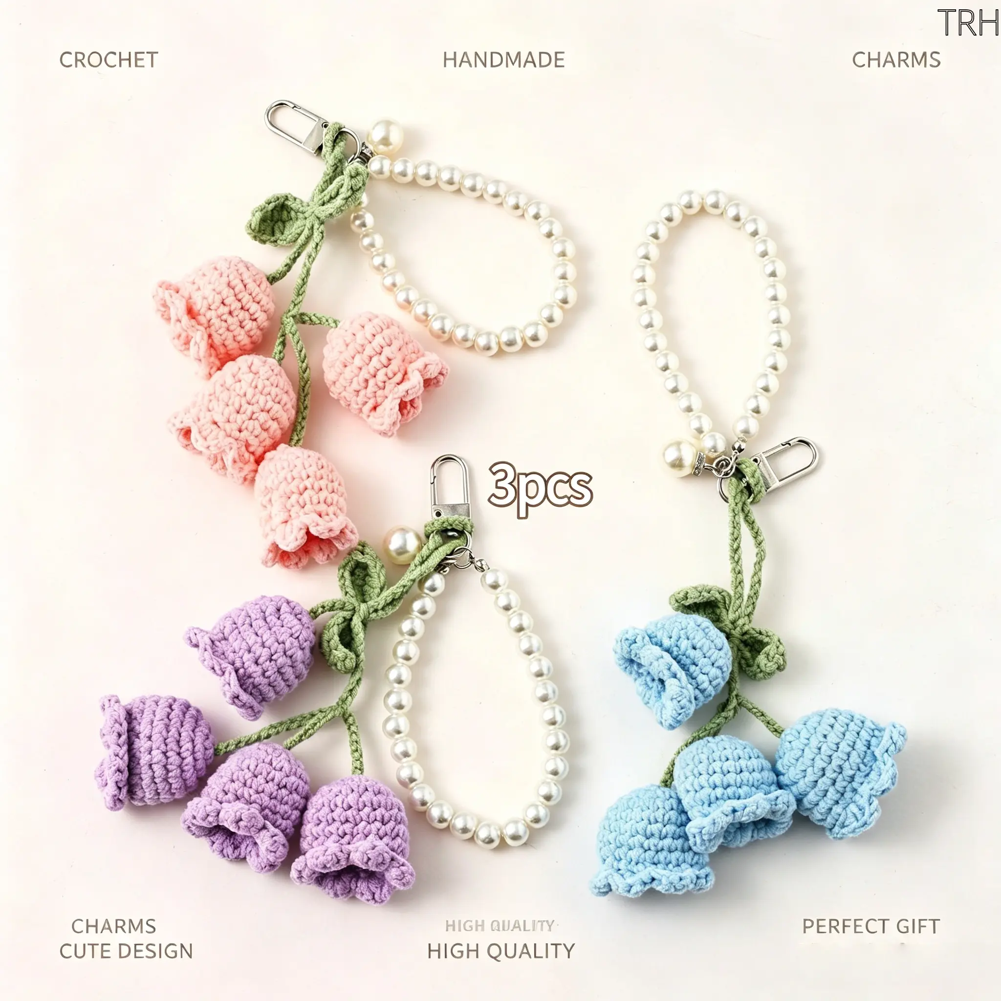 Handmade Crochet Keychains, 3-Piece Boho Lily Pattern Set with Pearl Beads, Knitted Flower Bag Charms for Gifts & Party Favors, Handmade Keychains, 3Pcs, Cute, Crocheted Yarn, Flower Shape