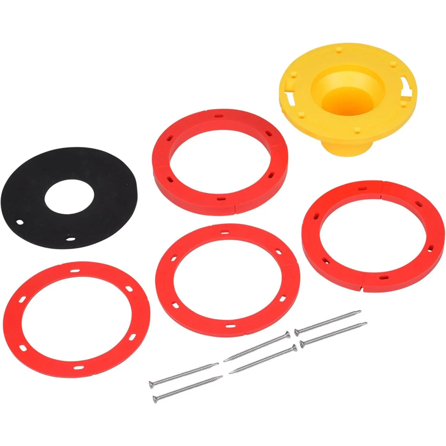Toilet Flange Extender Kit 1 Set - 0.25 in to 1 5/8 in, Red and Yellow, ABS & Cast Iron Compatible with Wax Ring