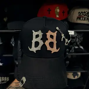 1:1 Barbas Hats Inferno Rose Gold  - Black Baseball Cap with Rhinestone Embroidery and Chain Detail