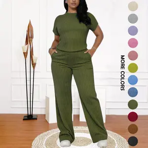 Women's All-Season Ribbed Knit Set - Thin Lightweight Fabric, Crew Neck Short Sleeve Tee & Wide Leg Pants with Pockets, Comfy for Loungewear, WFH & Weekend Casual