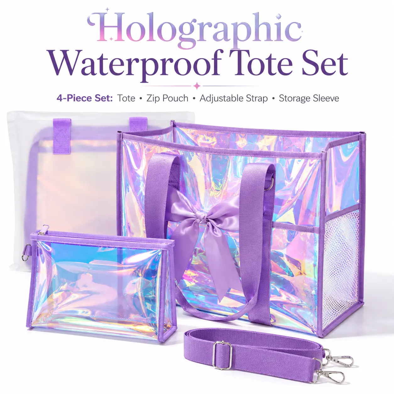 Starlead Iridescent Holographic Tote Bag Set for Women, Cute Waterproof PVC Beach & Pool Bag with Zip Pouch and Adjustable Crossbody Strap, Shoulder, Casual, Double Handle, Lightweight, Shoulder Straps, Dance Class, Adjustable Strap
