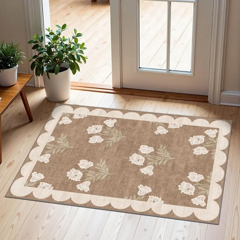 Front Door Mat Outside Entrance, 2x3 Ft Floral Non-Slip Washable Doormat, Indoor Outdoor, Tan Neutral Farmhouse Scalloped Entry Rug for Entryway, Kitchen, Porch, Home Decor