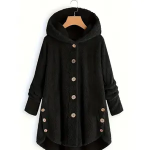 Women's Vintage Fleece Hooded Cardigan Cozy Fluffy Lining Button Up Solid Black Long Sleeve Fall Winter Casual Outerwear