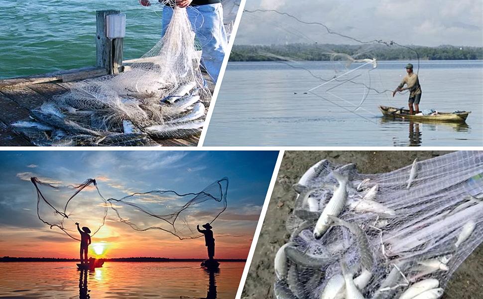 Hand Cast Strong Nylon Cast Net , 3/8 Inch Mesh Size Throw Cast Net 6Ft Radius with Real Metal Sinker, Saltwater Freshwater Casting Net for Bait Trap Fish, Premium Monofilament Nylon Net