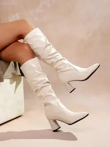 Women's Fashion Pointed Toe Pleated Suede Leather Knee-High Boot, Fall Winter Footwear, Stylish One-Piece Design, Perfect for Seasonal Wear