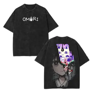 Omori Game Anime Washed Tee Crewneck T-Shirt Graphic Tees 90s Cotton Fabric Streetwear Soft Manga Unisex Menswear Top Hoodie Kangaroo Vintage Anime Merch Gift for Fans