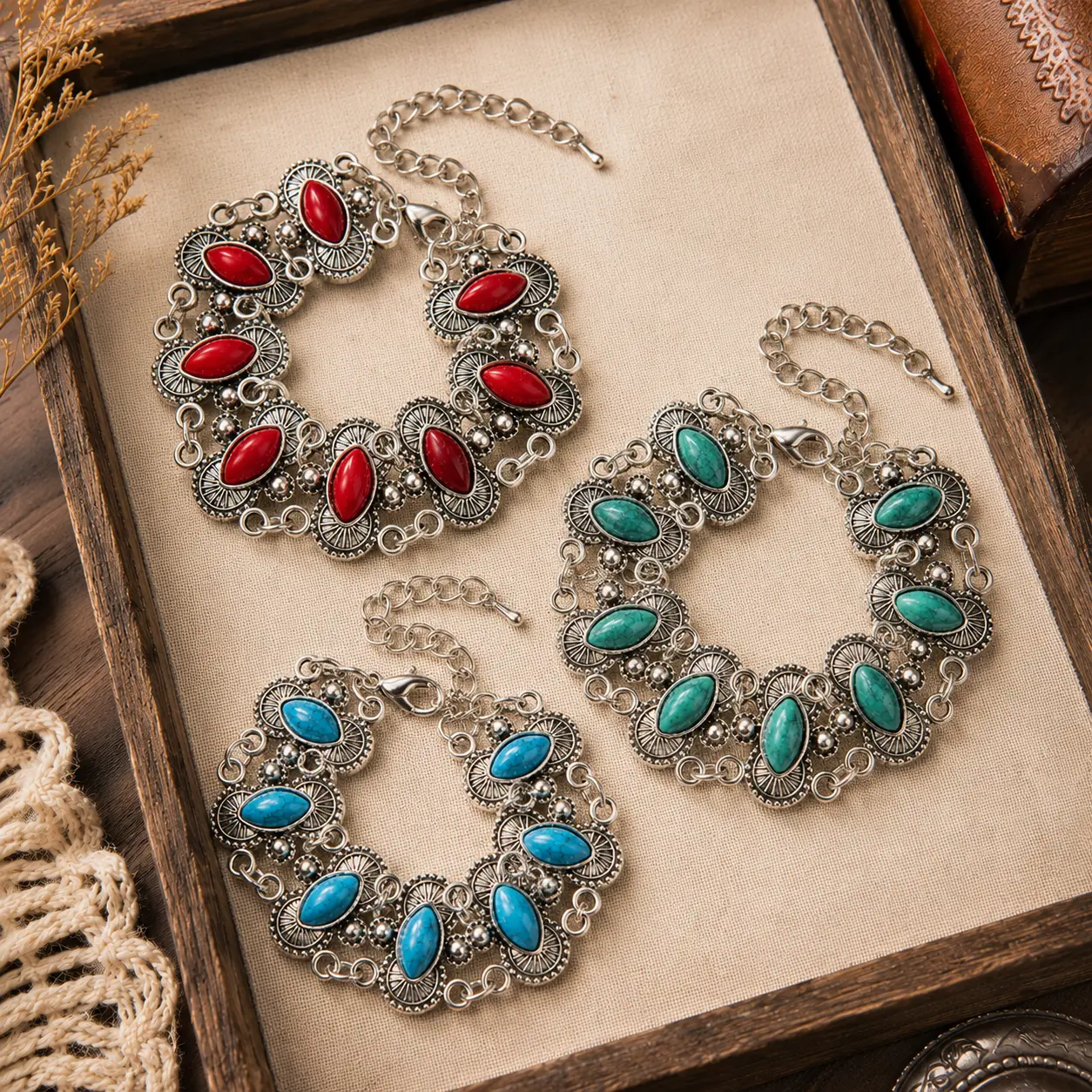 Vintage Western Stone Bracelet for Women, Antique Silver Tone Oval Turquoise Look Statement Bracelet, Adjustable Boho Cowgirl Jewelry, Red Blue Green Southwestern Bracelet Gift
