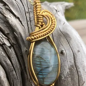 Blue Stripe Labradorite Necklace with Gold-Tone Wire Wrap Design and Oval Stone Pendant
