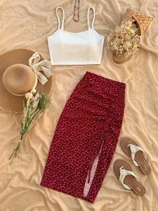 Summer 2-Piece Set: Casual Holiday, Solid Color Thin Strap Top and Floral Split Skirt, Stylish and Comfortable