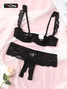 Women's Solid Adjustable Strap Bra & Thong Set, Sexy Casual Feminine Soft Comfy Breathable Floral Lace Lingerie Set for Daily Wear, Ladies Underwear Set for All Seasons, Everyday