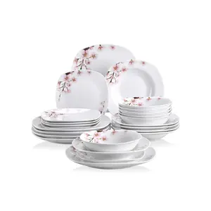 , Series Annie, 24-Piece White Ceramic Porcelain Dinnerware Set with Pink Floral Pattern, including Dinner Plates, Dessert Plates, Soup Plates and Bowls, Service for 6