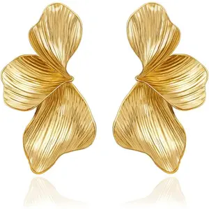 Chunky Gold Statement Earrings for Women, Trendy Gold Plated Flower Leaf Angel Wing Dangle Earrings, Large Hypoallergenic Stud Jewelry for Gifts