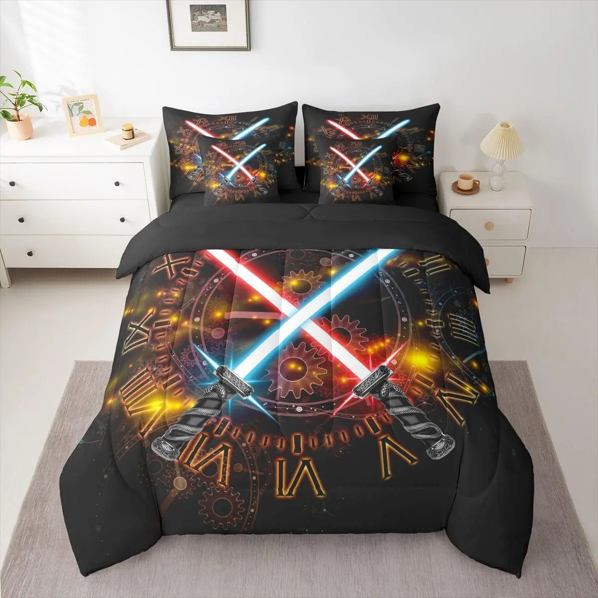 Feelyou 7-Piece King Microfiber Bedspread Set - Home Bedroom Bedding Quilt & Comforter Set, Breathable Fabric Bed-in-a-Bag, 3D Neon Blue-Red Comforter, Gear Cogwheels Pattern Sheets, Pillowcases, High Tensile Strength Cushion Covers, Bedding Quilt Set, Be