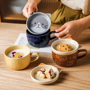 Cute Animal Design Ceramic Mug, 2/4 Counts Creative Coffee Cup with Lid, Breakfast Cup, Drinking Cup for Home Office Use