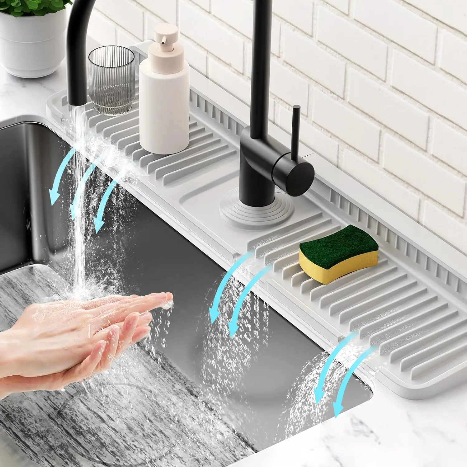 Rectangular Silicone Sink Faucet Mat - Home Organizer Draining Board with 7° Slope Self-Draining Water Splash Guard, 90° Foldable Countertop Drip Tray, Cuttable Opening for Most Kitchen Faucets