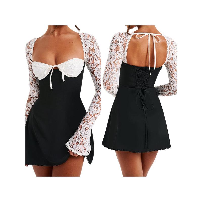 Women Long Sleeve Mini Dress Casual Lace Patchwork Tie up Backless A-Line Party Dress for Cocktail Streetwear
