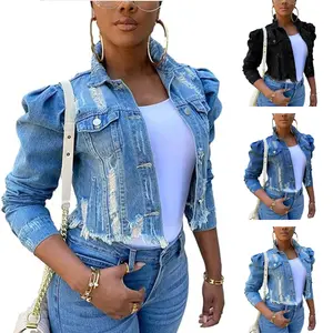 UANEO Women's Ripped Puff Sleeve Denim Crop Top Long-Sleeve Cropped Jean Jacket
