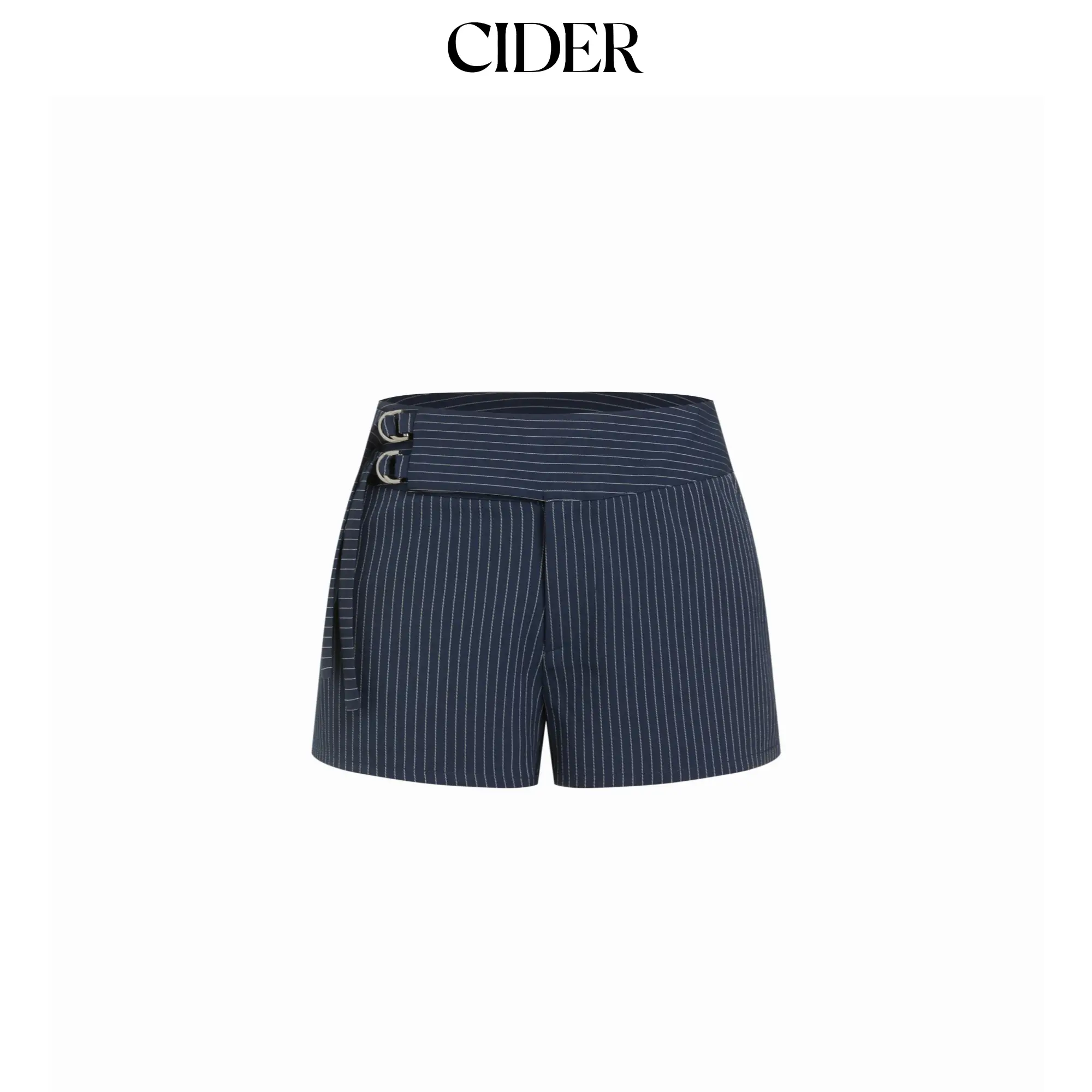 Cider Women's Casual Poly Blend Striped Low-Rise Short Pants, Bottoms With Metal-Detail Belted Waist, Bottom, Casual Wear, Button, Metal Belt, Elastane, Straight Legs, Low Waist