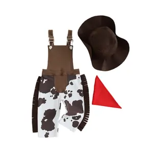 Toddler Baby Western Clothes Cow Print Tassel Sleeveless Overalls with Cowgirl Hat and Bandana Neck Scarf Gift Set