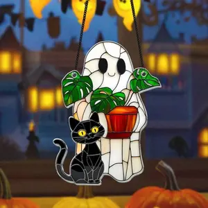 1 Pair Of Halloween Ghost Window Hanging, Black Kitten And Little Ghost Design, Perfect Gift For Holiday Parties, Halloween Accessories, Party