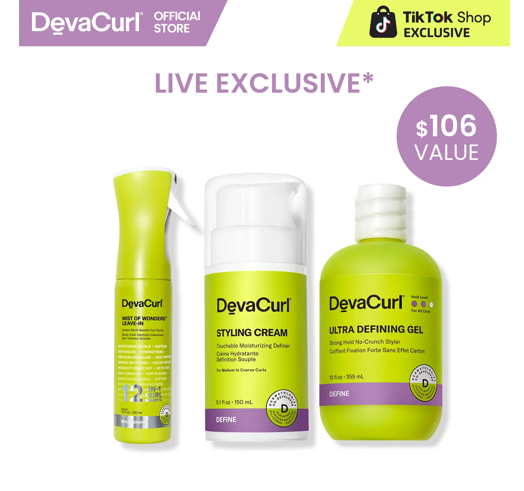 DevaCurl Mist of wonders & Styling Cream 5.1oz & Ultra Defining Gel 12oz