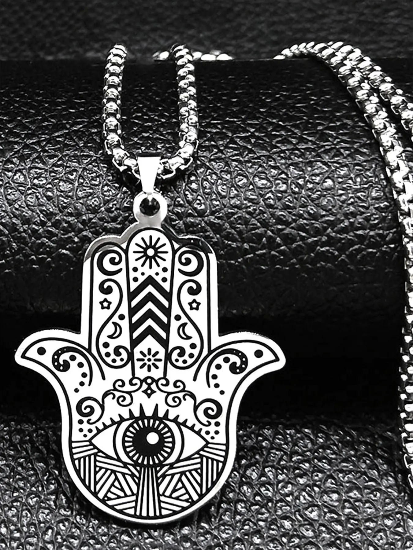 Hamsa Hand of Fatima Stainless Steel Durable Necklaces Men Fatima´s Hand Turkish Eye Necklaces Pendants Flat Byzantine Chain collier homme