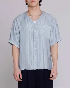 "Valenzuela" Baseball Collar Shirt in Blue Satin Stripe