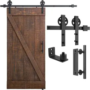 6.6ft Heavy Duty Sliding Barn Door Hardware Kit, Black, Whole Set Includes 1 Pull Handle Set & 1 Floor Guide, Fit 36"-40" Wide Door Panel with Big Industrial Wheel Hangers