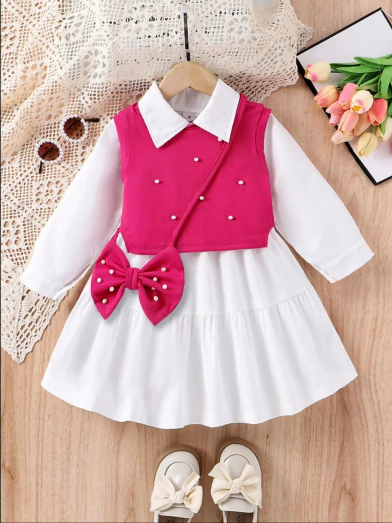 Three-piece Set Girl's Solid Faux Pears Decor Vest & Ruffle Hem Shirt Dress & Crossbody Bowknot Accessories Set, Preppy Style Three Piece Outfits for