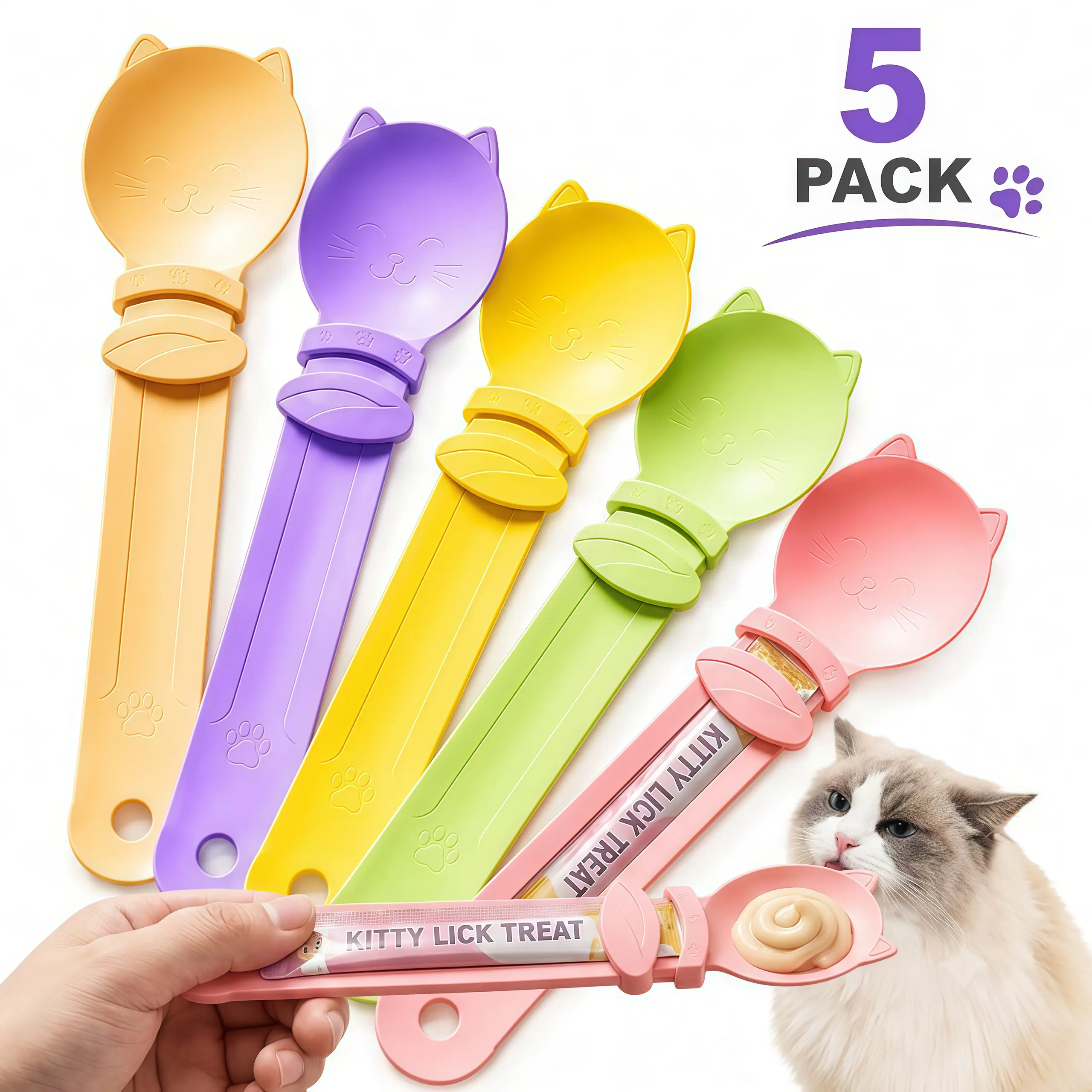 5-Pack Durable Cat Food Feeders - Ergonomic Design Wet Food Dispense Tool with Extra-Long Handle, Treat Squeeze Spoon, Hands-Clean Interactive Feeding, Easy-Storage Pet Accessory for Indoor Cat Owners