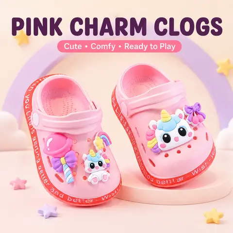 SMYLX 1 Pair Slippers for Toddler Girls, Pink Lightweight EVA Slip-On Clogs (1-3 Years) with Removable Cute Cartoon Charms, Non-Slip Adjustable Strap, Breathable Indoor-Outdoor Footwear for Beach, Pool